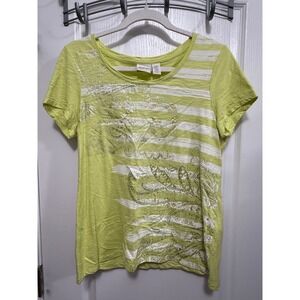 Zenergy by Chicos Women 0P Lime Green Striped Paisley Metallic Graphic Tee Small